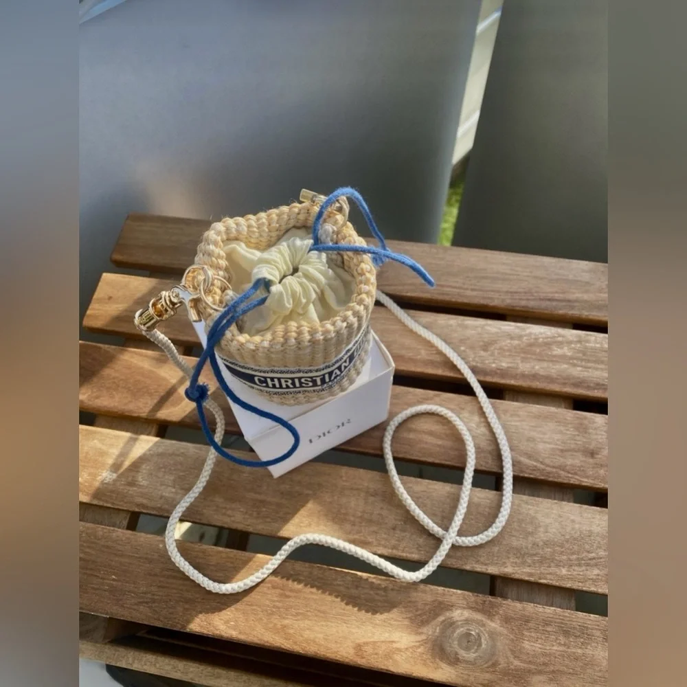 Dior Straw Drawstring Mini Pouch or Mini Bucket Bag in Cream and Blue NWB GWP - Picture 3 of 13